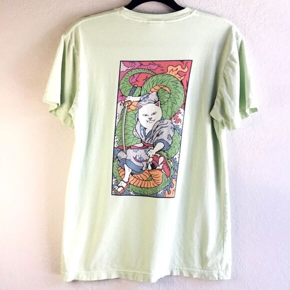 RIPNDIP white cat lime green tshirt with cat in Japanese Kimono slaying serpent - Picture 3 of 7
